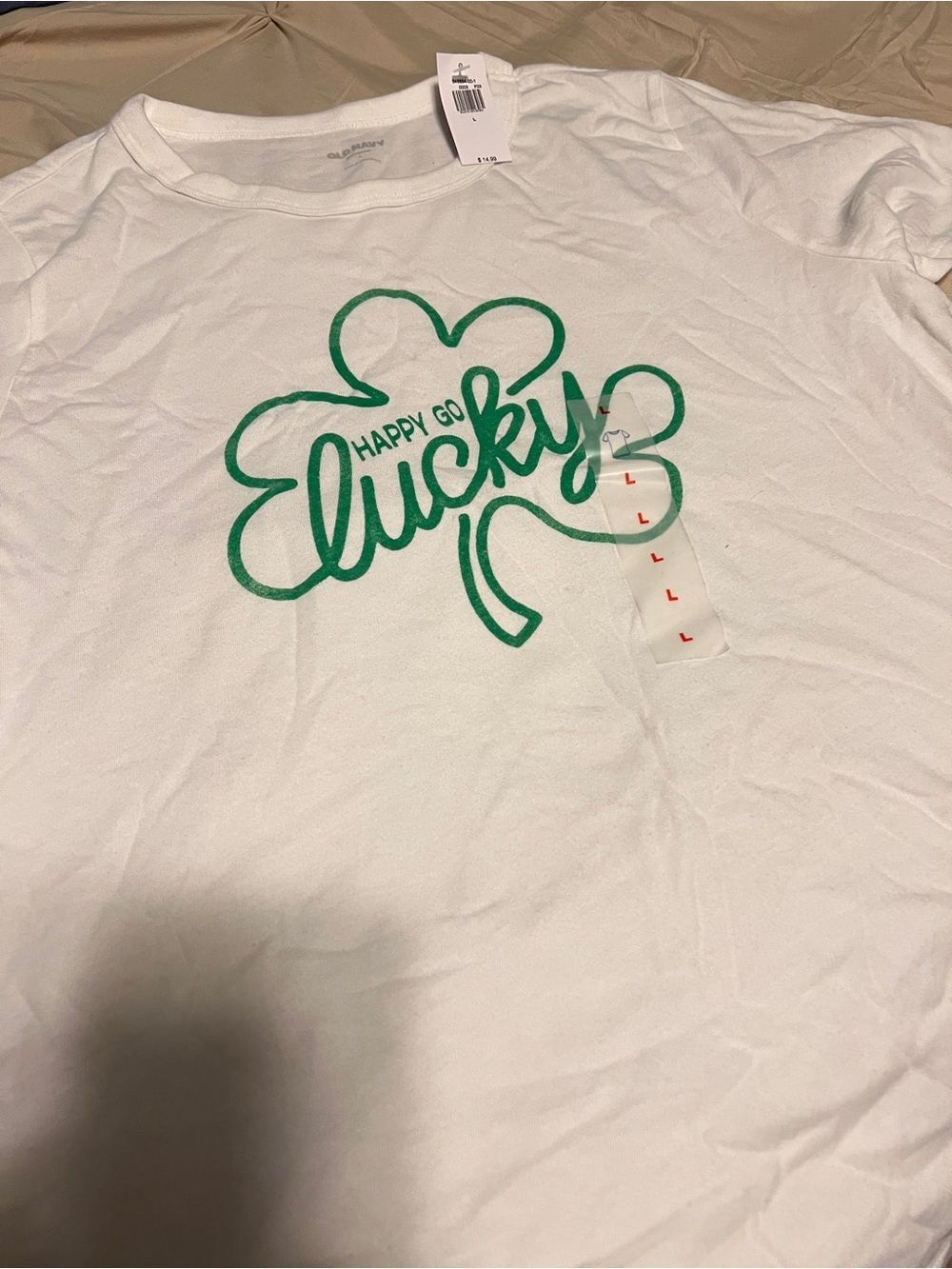 Old Navy White Short Sleeve Tee with Green Shamrock 'Lucky' Graphic